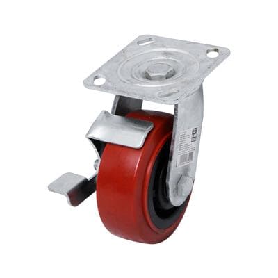 PU caster roller bearing, plate, swivel, break 12.5cm. GIANT KINGKONG 1054-125 red