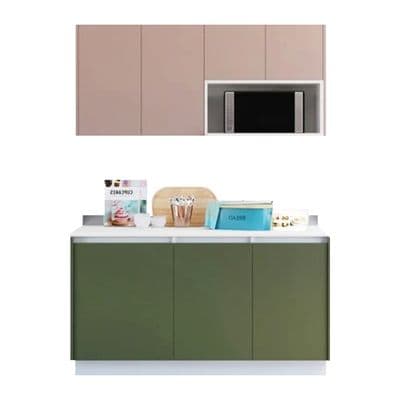 Compact Set with right microwave shelf KUCHE Size 150 cm Green - Pink
